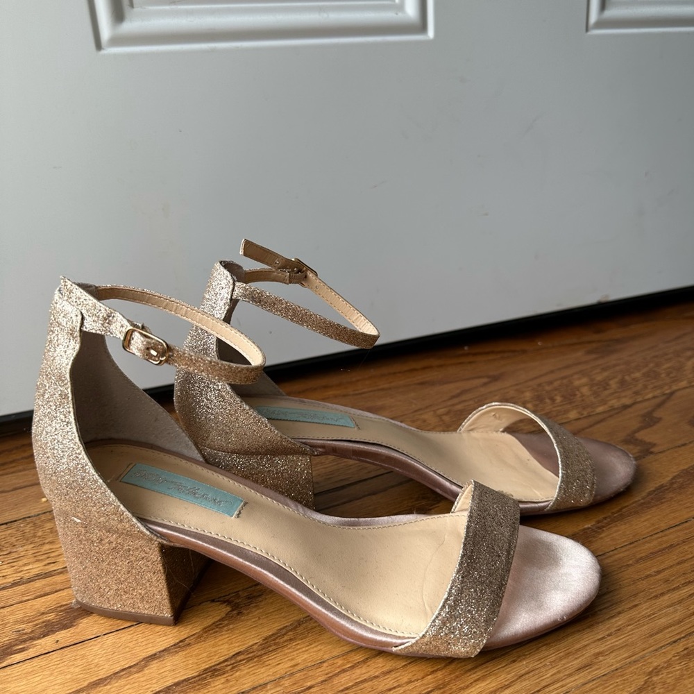 Betsey Johnson Ankle Strap Block Heel Rose Gold Sparkle